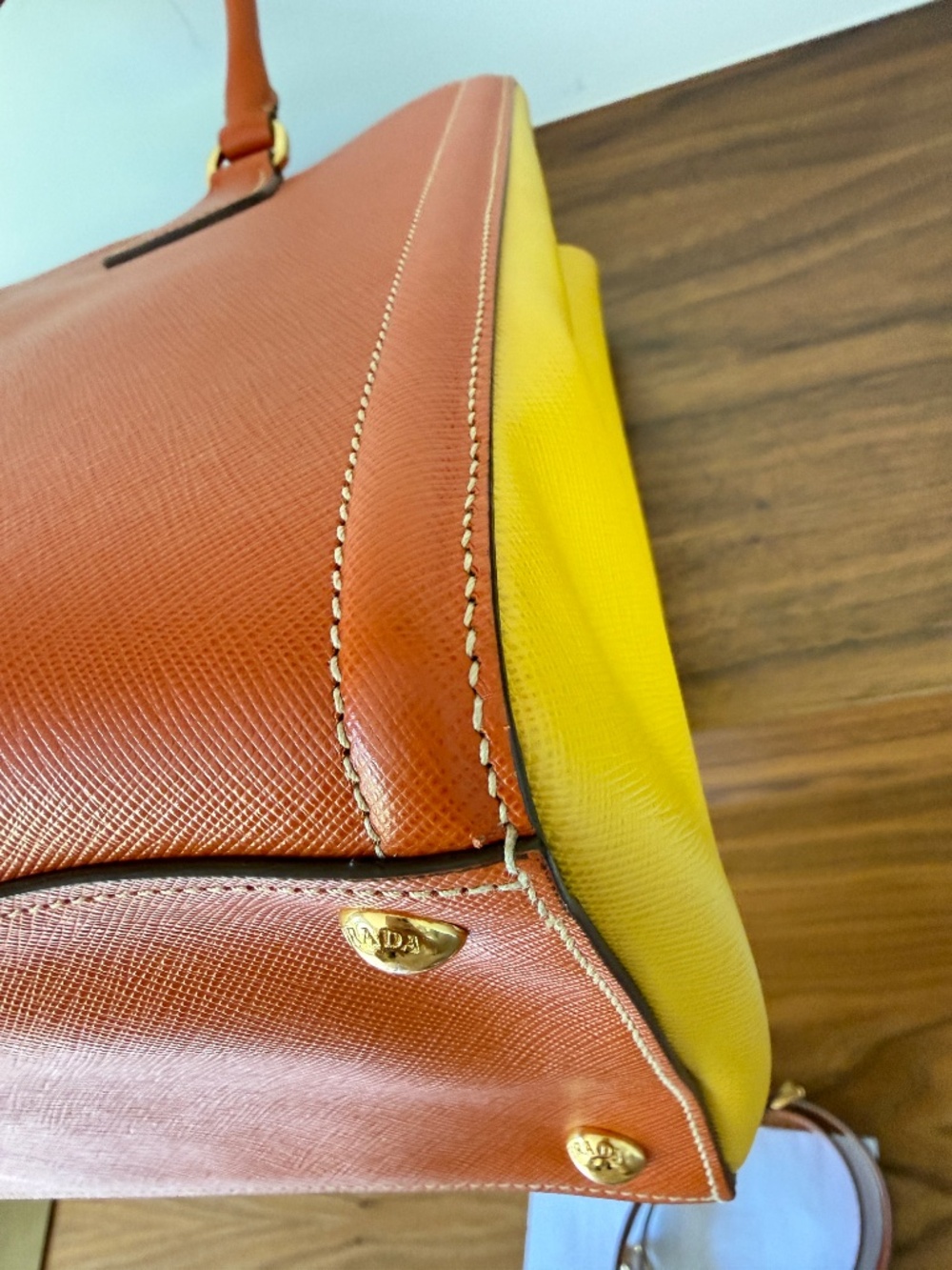 Prada Orange/Yellow Bi Color Saffiano Lux Leather Tote - Picture 6 of 14